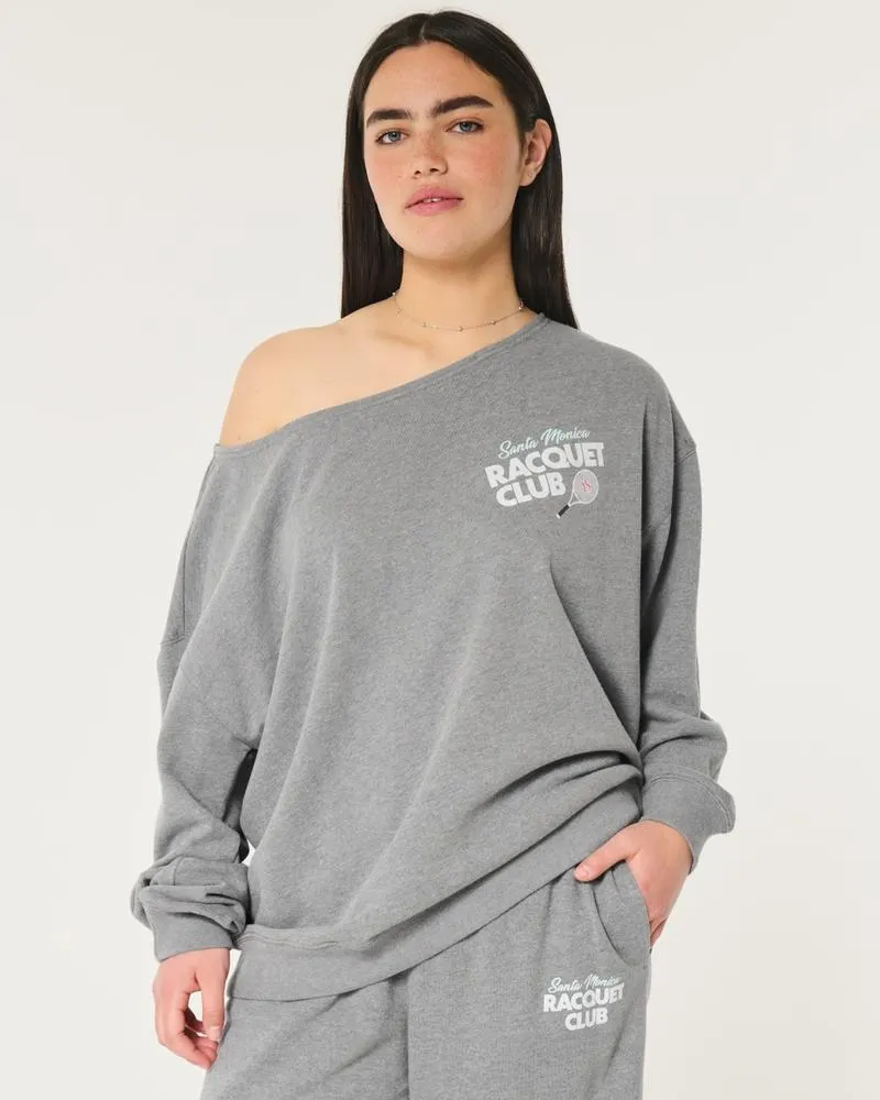 Oversized Off-the-Shoulder Racquet Club Graphic Sweatshirt