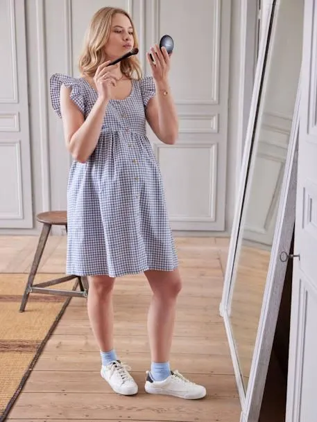 Robe courte vichy sans manches grossesse et allaitement - bleu grisé
