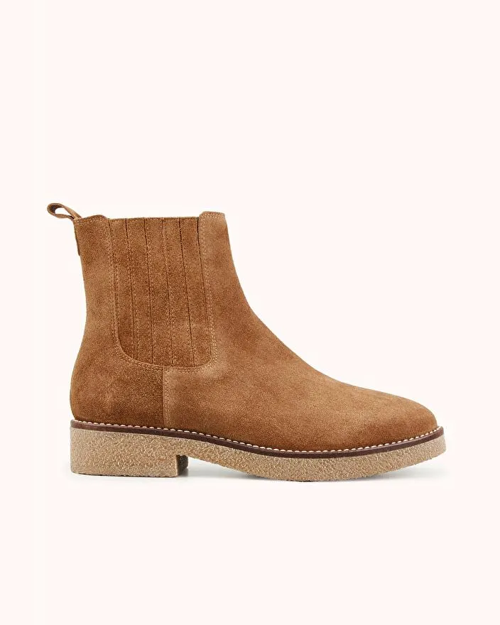 BOTTINE PLATE BENOU en cuir velours cognac