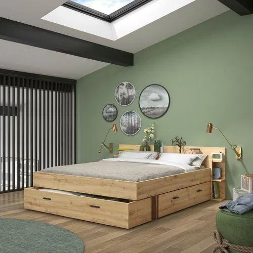 Lit 140x190 cm avec rangements TONIGHT imitation chêne artisan