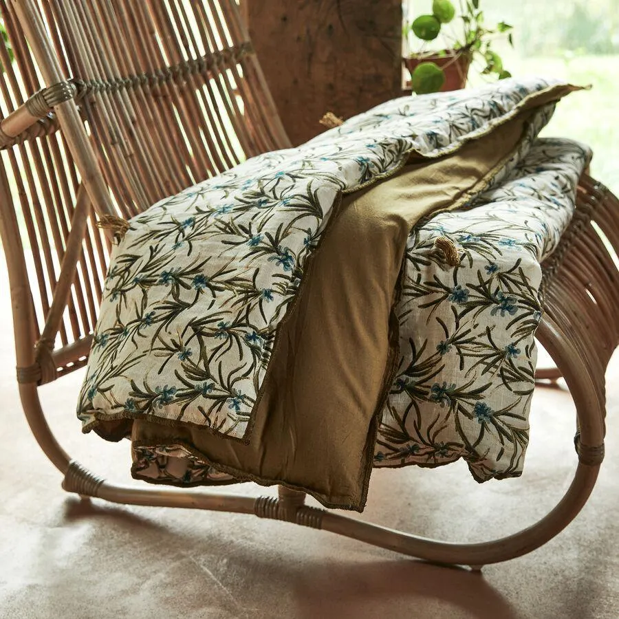 Édredon à motif romarin en lin et coton 100x180cm piquage pompons double faces - vert