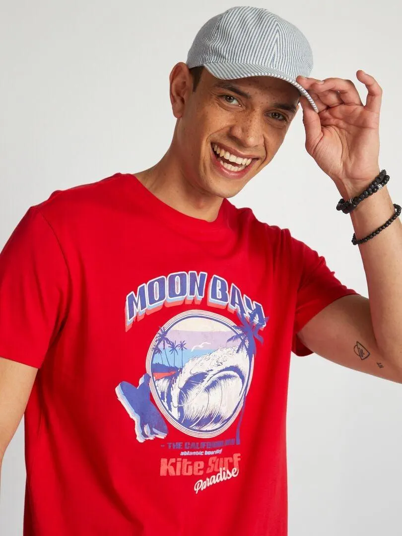 Camiseta de algodón estampada con cuello redondo - ROJO