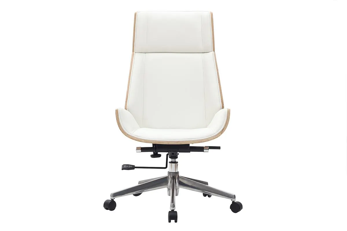 Fauteuil de bureau de direction design blanc, bois clair et acier chromé CURVED