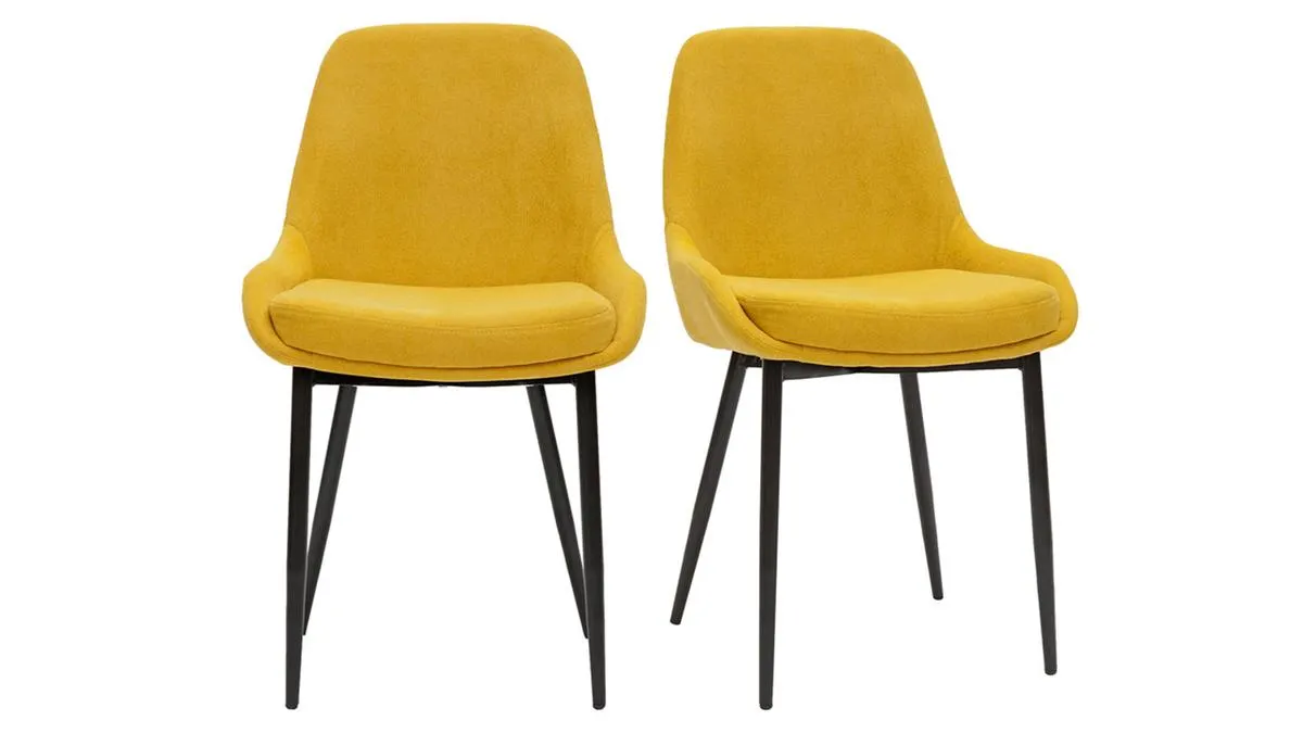 Chaises design en tissu effet velours jaune moutarde et métal noir (lot de 2) HOLO