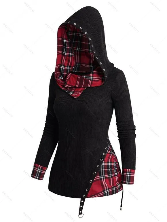 Haut à Capuche Décontracté Tricoté Jointif à Carreaux en Tricot à Œillets