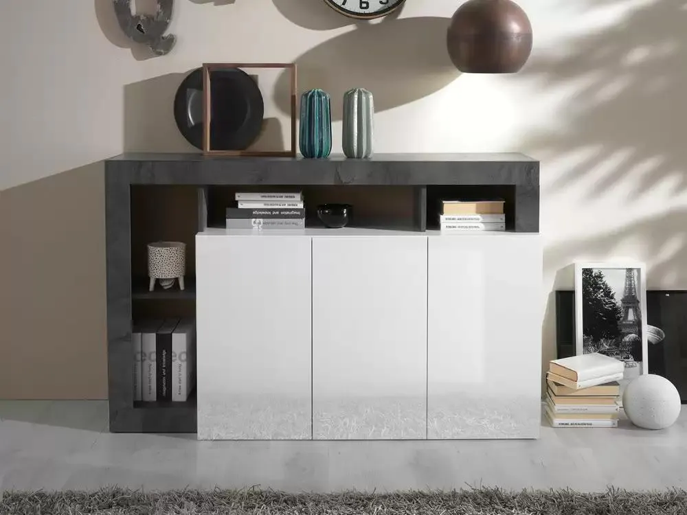 Bahut 3 portes Fribourg laqué blanc/oxyde noir