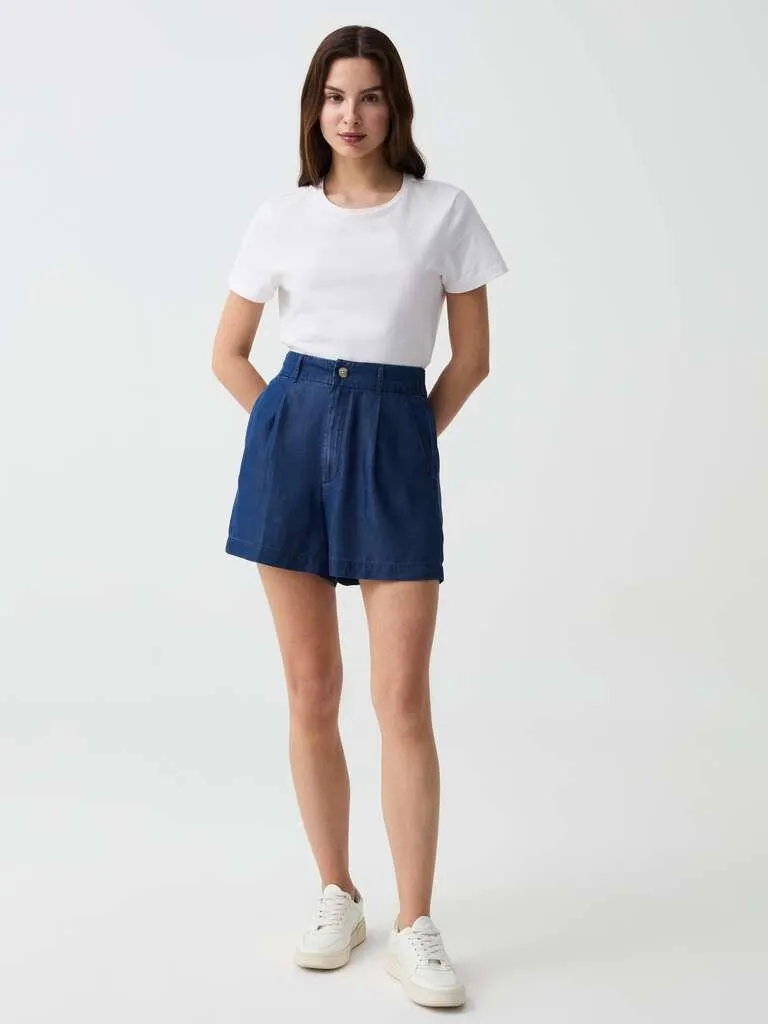 Denim Blue Fluid denim-effect Bermuda shorts with pleats