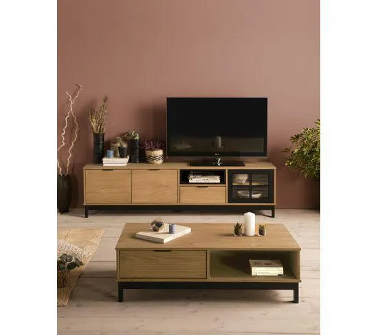 Meuble TV L.187 cm BRONX Bois massif et noir