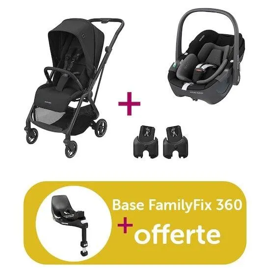 Pack poussette duo Léona Essential Black + coque Pebble Essential Black + adaptateurs = base FamilyFix 360 offerte de Maxi Cosi