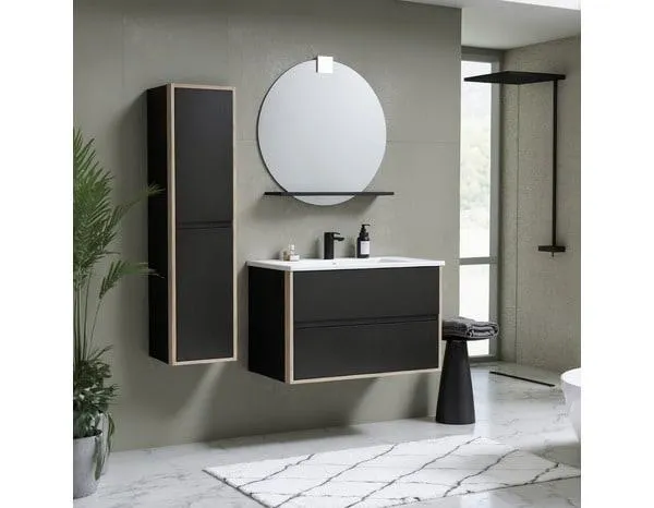 Ensemble meuble suspendu + vasque + miroir tablette et applique led "Soho" - 80cm