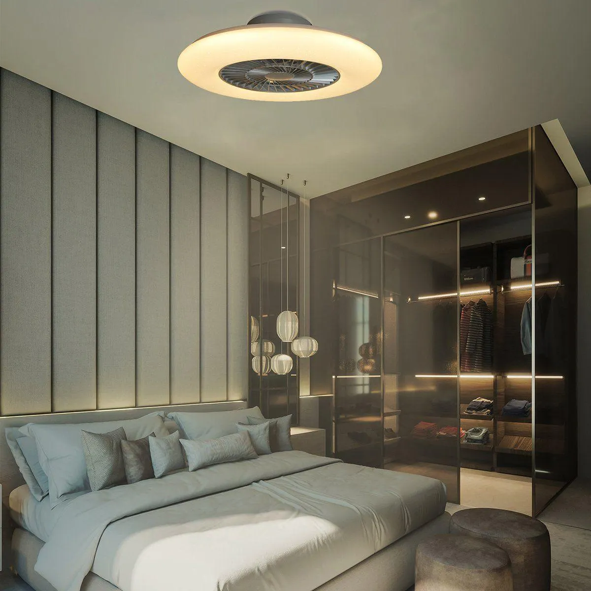 Ventilateur lumineux YEEZ en méthacrylate et polycarbonate gris étoilé