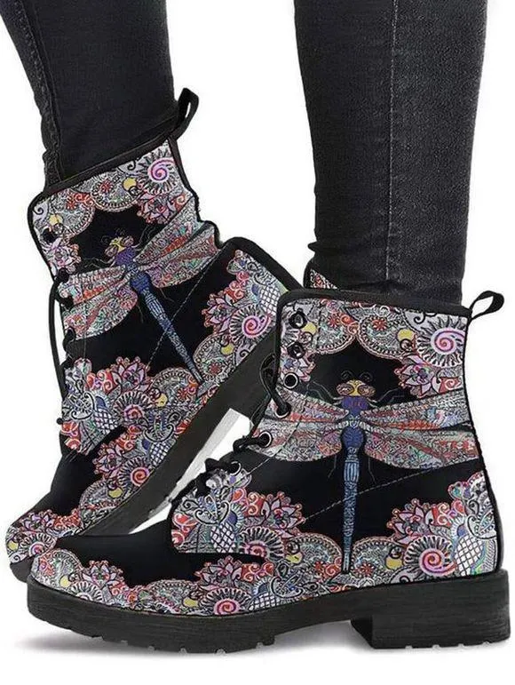 Flower Print Lace Up Warm Ankle Boots