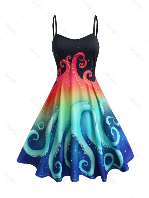 Robe Mi-Longue Ligne A à Bretelle Fine Ajustable à Imprimé Pieuvre