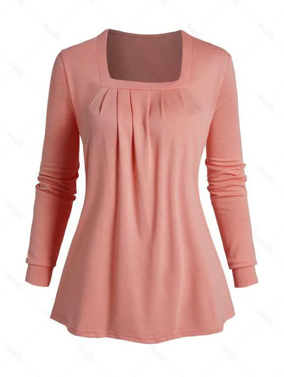 Haut Décontracté Simple Manches Longues à Col Carré en Couleur Unie