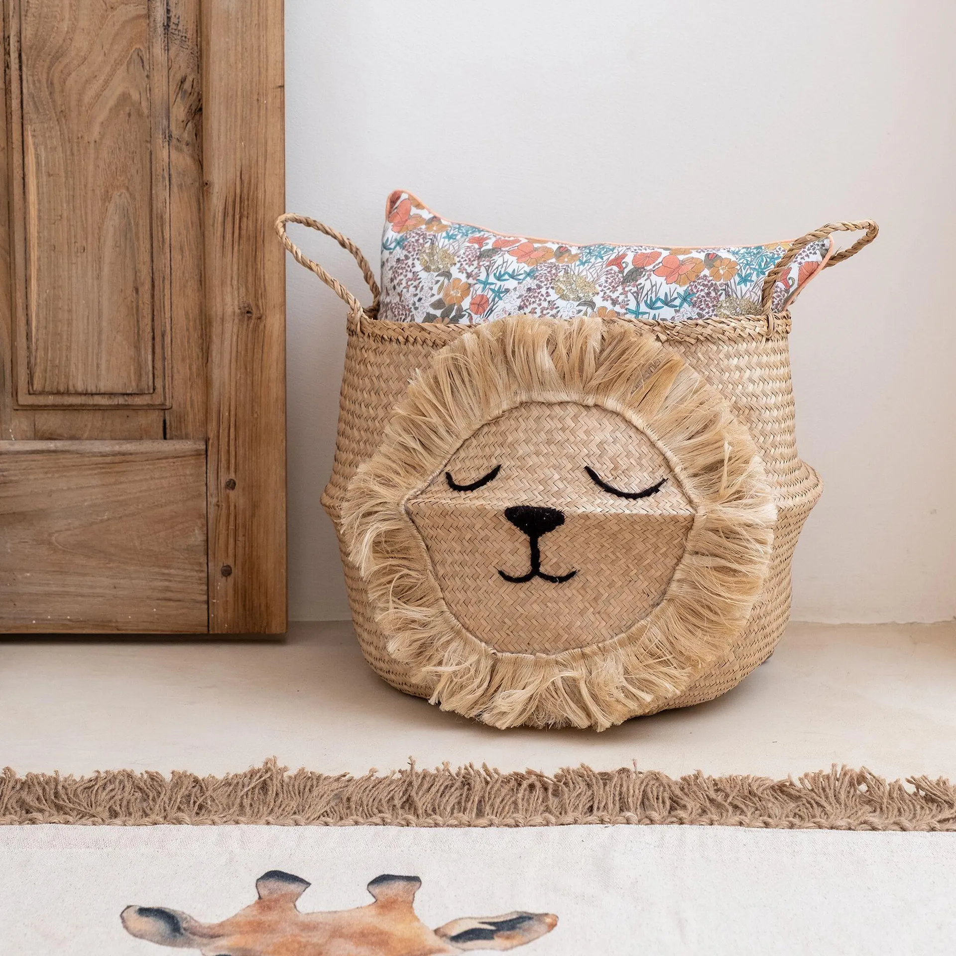 Panier déco lion en jonc de mer D40xH38cm - naturel