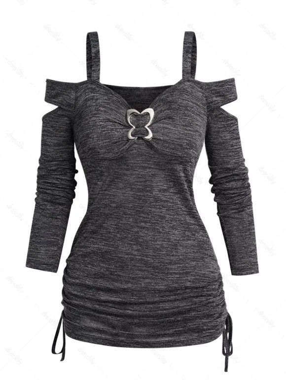Haut Cintré Décontracté Chiné Papillon à Epaule Dénudée à Volants