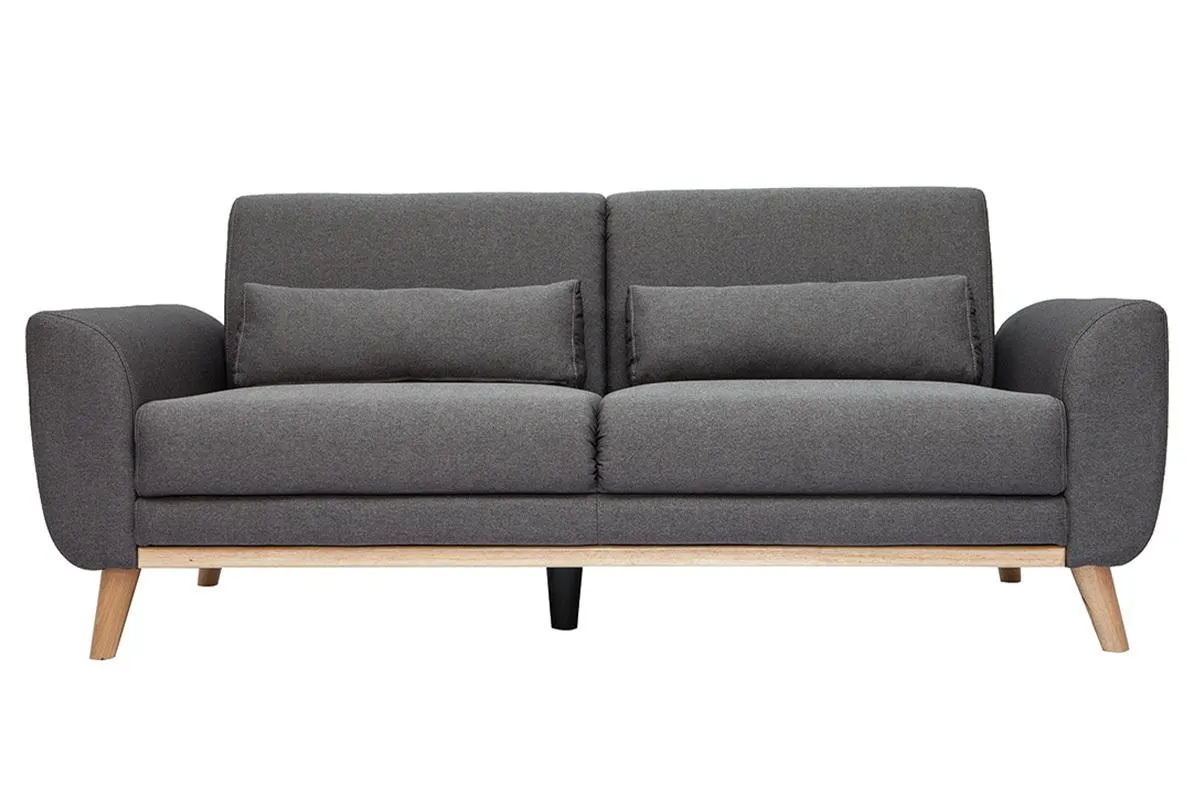 Canapé scandinave 3 places en tissu gris foncé et bois clair EKTOR