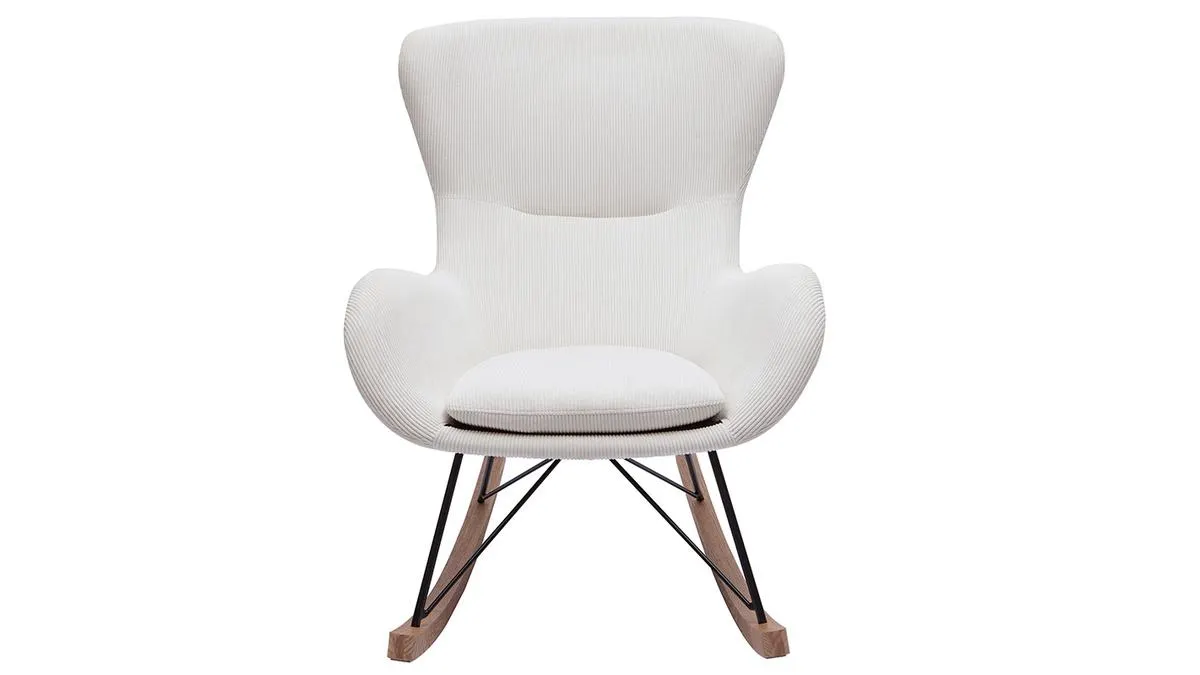 Rocking chair scandinave en tissu velours côtelé beige, métal noir et bois clair ESKUA
