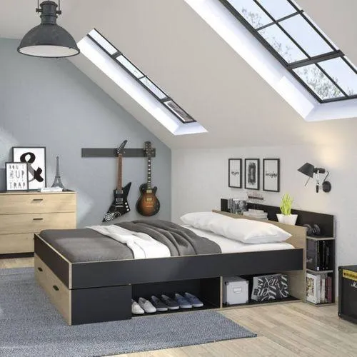 Lit 140x190 cm avec rangements TONIGHT imitation chêne et noir