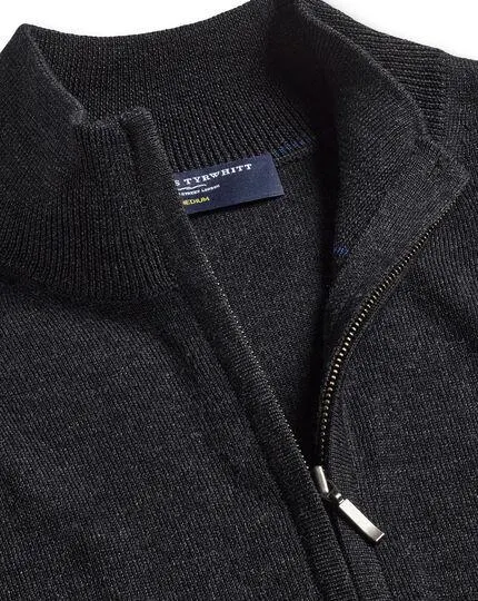 Pure Merino Full Zip-Through Cardigan - Charcoal Grey