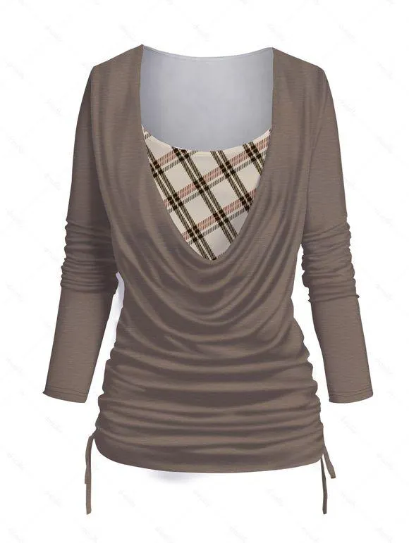 Haut Sanglé à Carreaux Imprimé Fausse Deux Pièces à Col Bénitier
