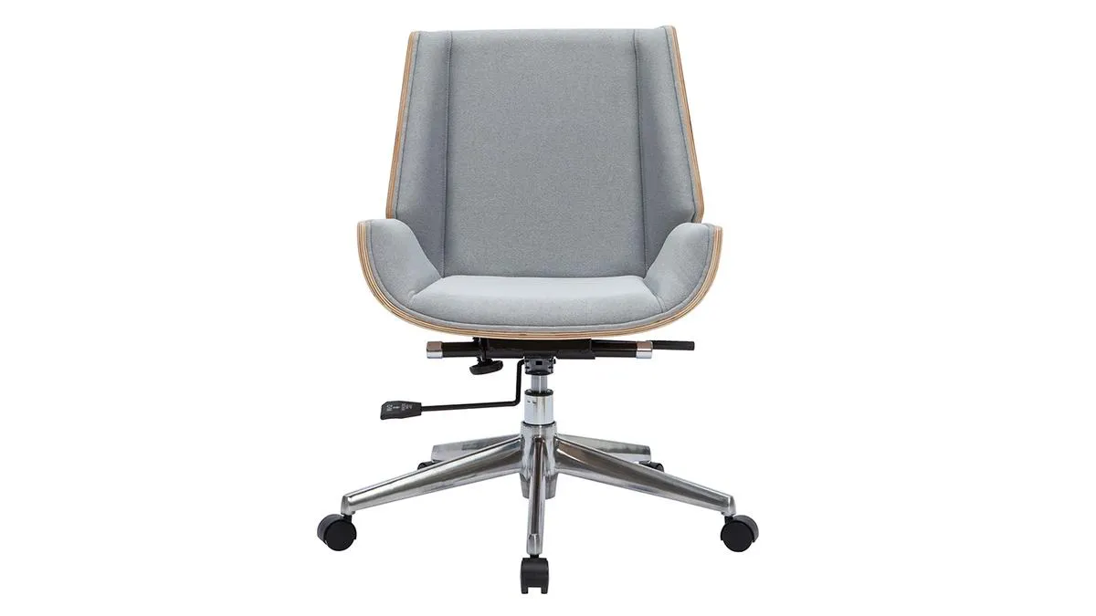 Chaise de bureau à roulettes design en tissu gris clair, bois clair et acier chromé CURVED