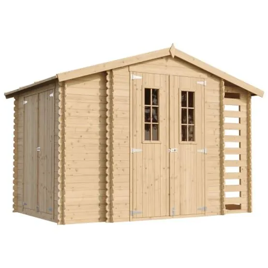 Abri de jardin en bois et range bûches extérieur AVEC SOL TRAITÉ - extérieur I206xL328xH218 cm/ 5,47 m2 - TIMBELA M389C+M389G