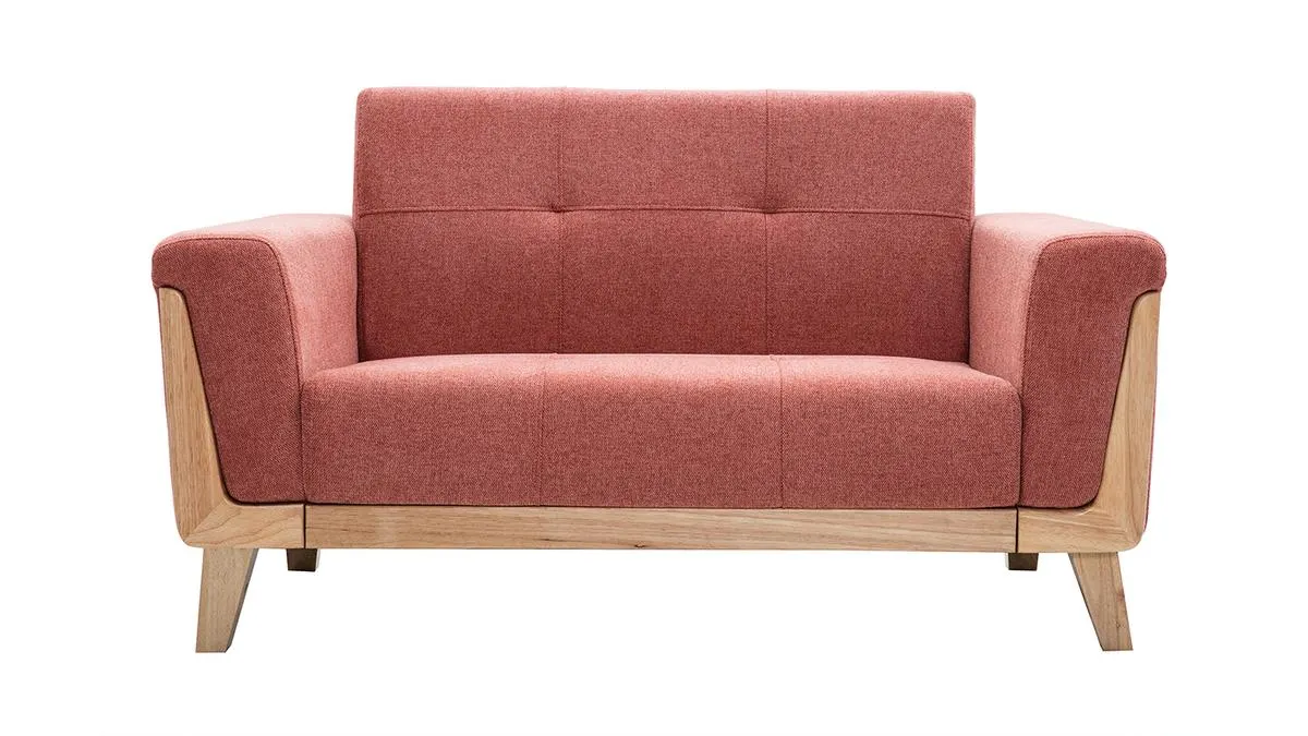 Canapé scandinave 2 places en tissu terracotta et bois clair FJORD