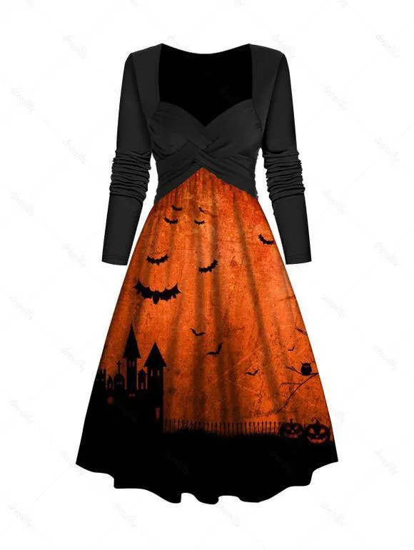 Robe D'Halloween Mi-Longue à Imprimé Chauve-souris Château Croisé