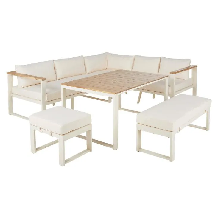 Salón de exterior de 8 plazas de aluminio y poliéster reciclado beige