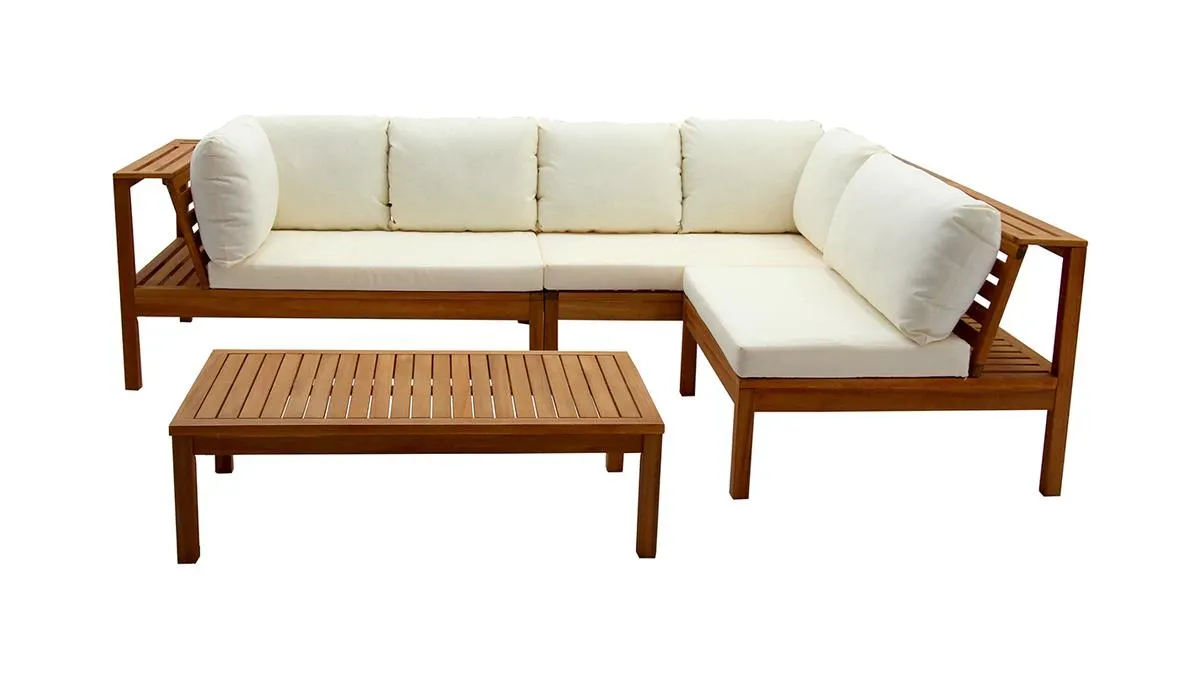 Salon de jardin d'angle 6 places en bois massif avec coussins déhoussables beige naturel BELIZE