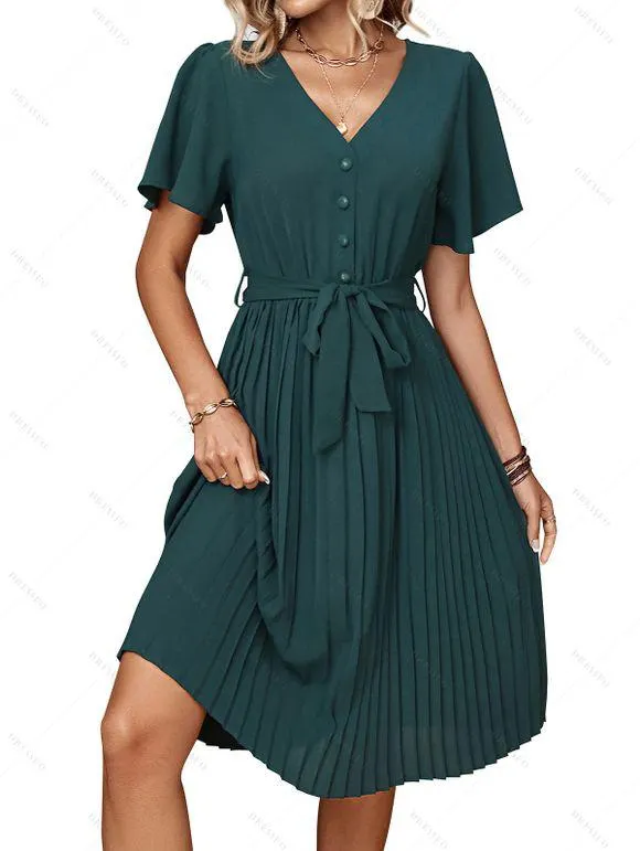 Robe D'Été Décontractée Plissée en Couleur Unie à Manches Evasées à Col V pour Femme