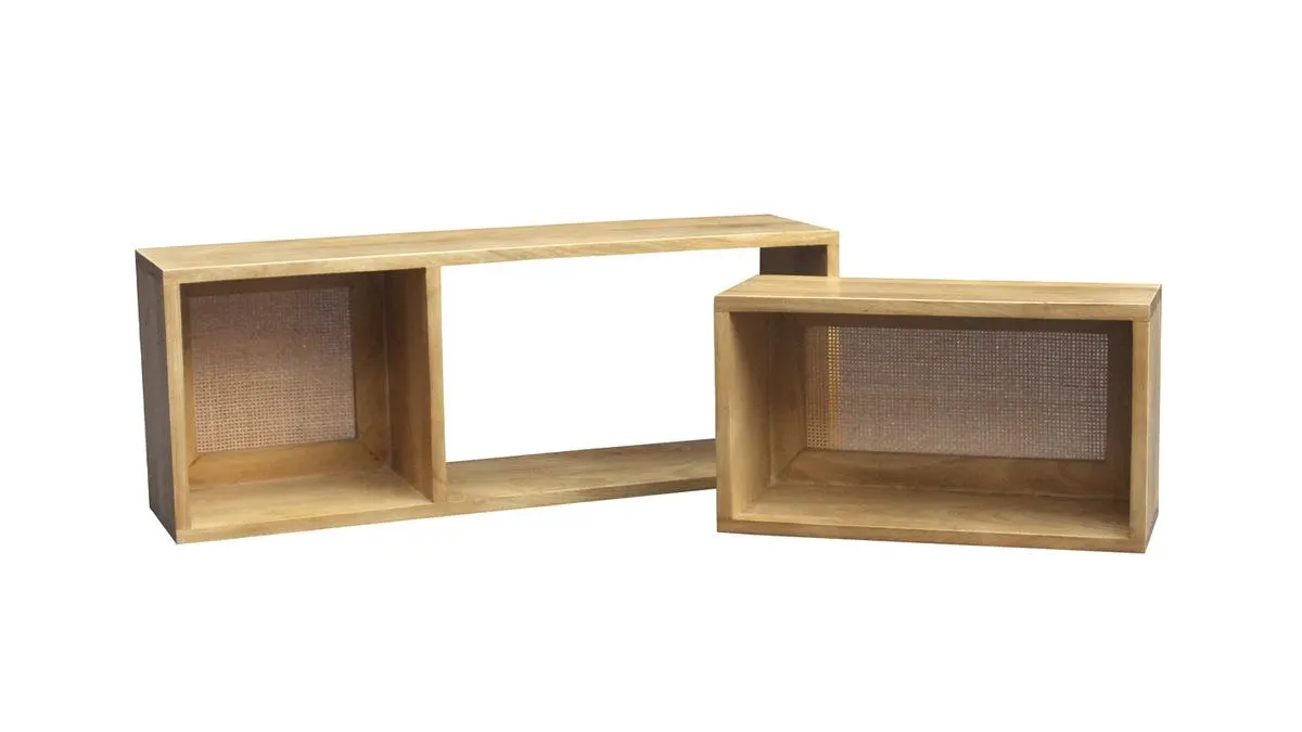 Étagères niches murales gigognes en bois manguier massif et cannage rotin L80 cm (lot de 2) ACANGE