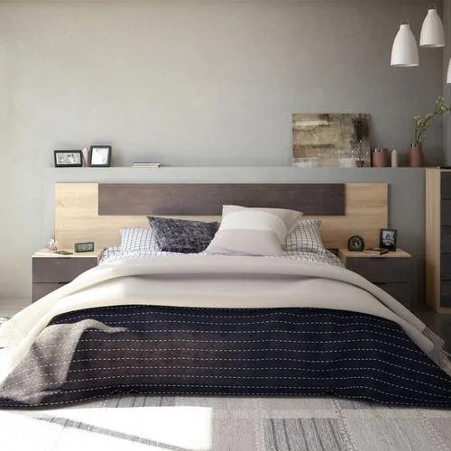 Tete de lit + 2 chevets AYALA imitation chêne et noir