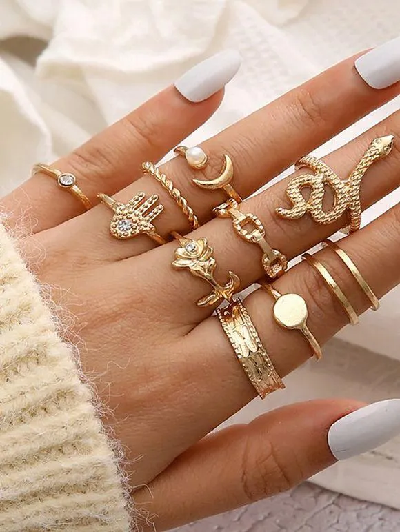 Ensemble de 10 Pièces Bagues en Alliage Motif Lune Serpent Perle Fantaisie et Strass Style Vintage