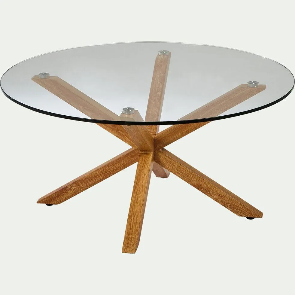 ARENO Table basse ronde en verre et piétement métal effet bois - transparent