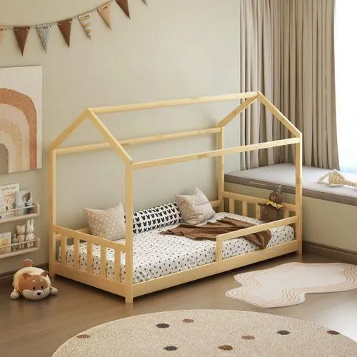 Lit cabane 90x190 cm avec sommier HUTTY naturel en pin massif