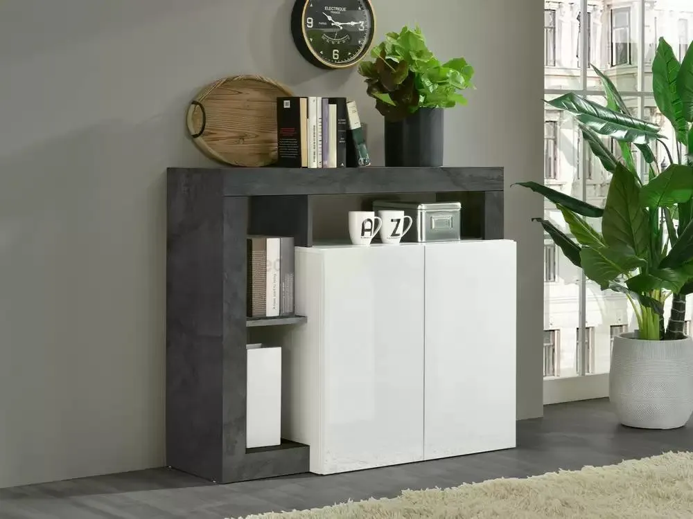 Bahut 2 portes Fribourg laqué blanc/oxyde noir