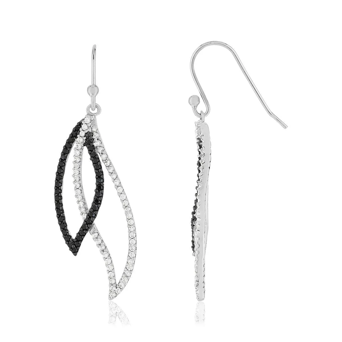 Boucles d'oreilles argent 925, motif feuille, spinelles noires et zirconias.
