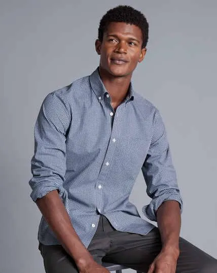 Button-Down Collar Non-Iron Stretch Poplin Mini Gingham Check Shirt - French Blue