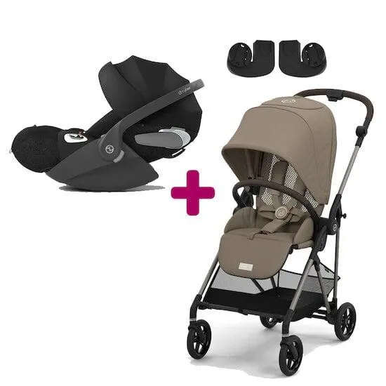 Pack poussette duo Melio 3 Seashell Beige + Coque Cloud T i-Size Sepia Black + adaptateurs coque de Cybex