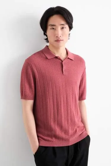 Knitted polo shirt with linen content - textured