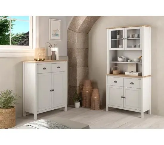 Buffet vitrine MISTI blanc imitation chêne