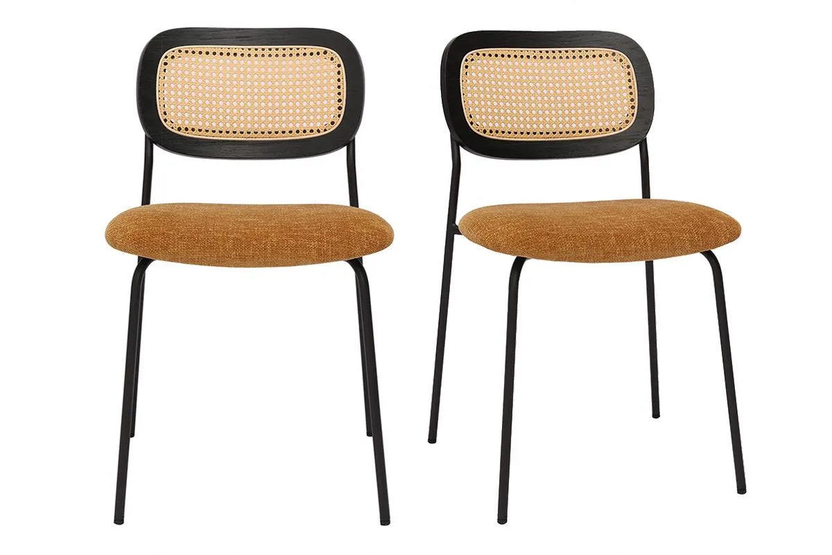 Chaises design en tissu effet velours texturé bronze, métal noir et cannage rotin (lot de 2) MIRANDA