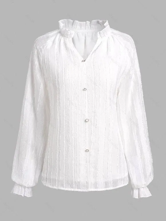 Haut Décontracté en Couleur Unie avec Bouton à Volants à Col V