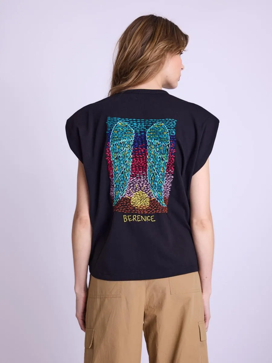 ERZA | T-shirt noir à épaulettes ailes au dos