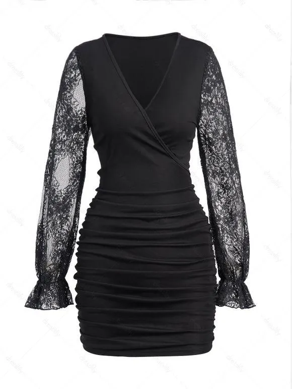 Mini Robe Cahce-cœur Moulante en Couleur Unie Manches en Dentelle à Volants