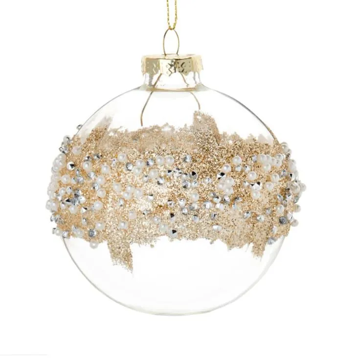 Pallina di Natale in vetro con decorazione dorata e perle - Lotto di 6