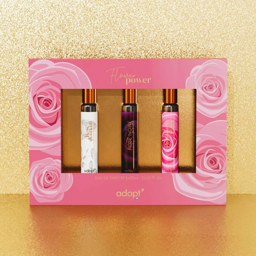 Flower power Coffret 3 eaux de parfum Rose noire 30ml + Rose diamant 30ml + Absolument rose 30ml