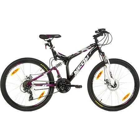 Vélo VTT 26'' Tout Suspendu Femme Amazone /Neon - Cadre acier - Double Freins à Disque - Potence Head set
